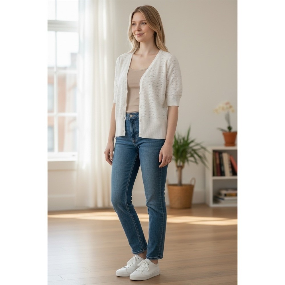 J. Jill Cardigan Sweater Womens Size L Ivory‎ Pointelle Open-Knit V-Neck light